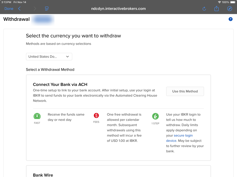 The withdraw method on the iPad